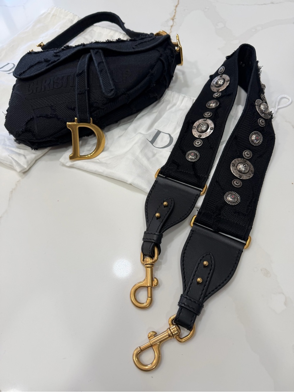 Dior Black Saddle Key & Card Holder with Gold 'D' Charm and Studded Strap